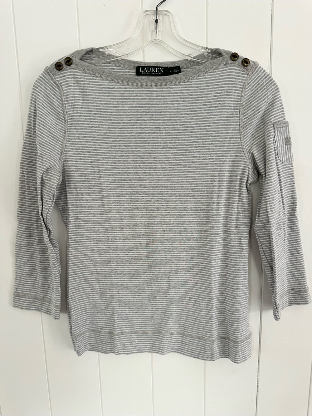 Lauren Ralph Lauren Women’s gray striped boatneck 3/4 sleeve shirt